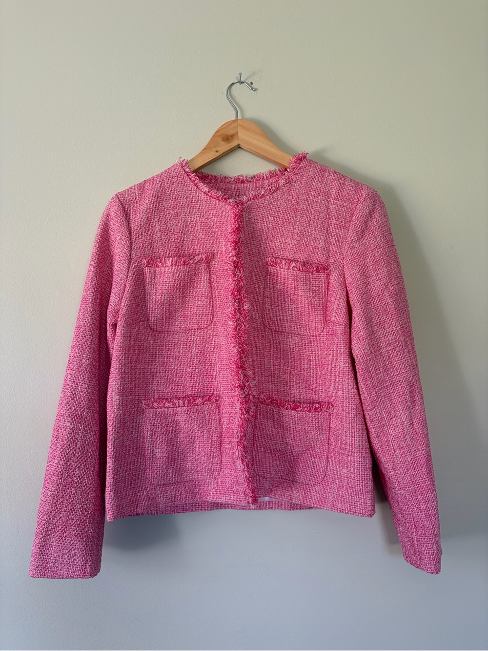 J. McLaughlin Pink Tweed Fringe-Trim Blazer